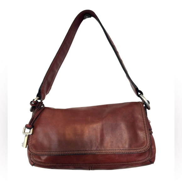 Vintage Fossil Leather Y2K Shoulder Bag Brown Flap Purse Key Charm 75082 - Picture 14 of 14